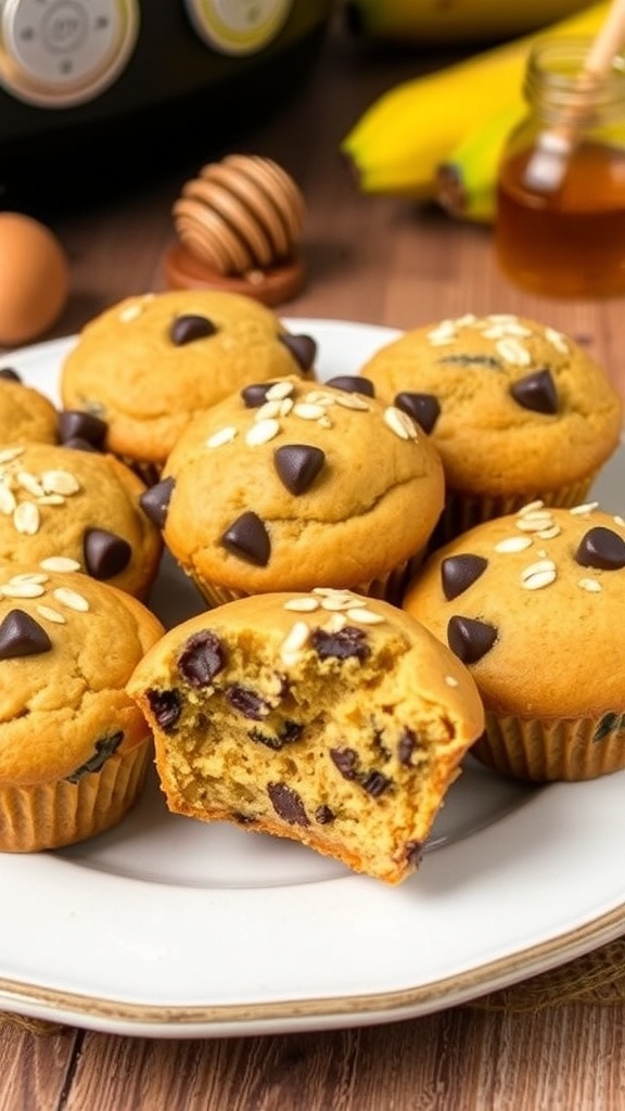Healthy air fryer muffins with chocolate chips on a plate in a rustic kitchen.
